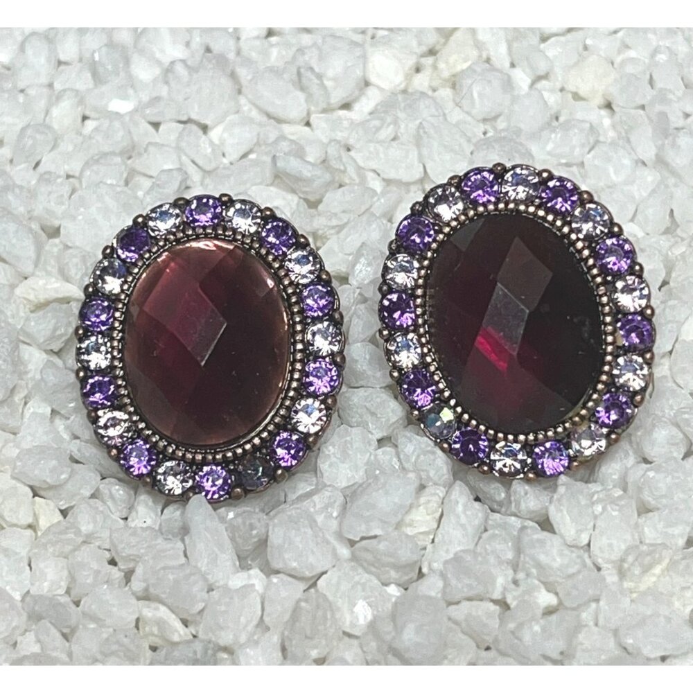 Vintage Purple Crystal & Rhinestone Oval Clip-On Earrings